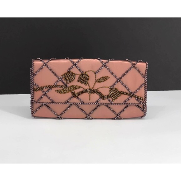 Vintage La Regale Japan Bronze Satin Beaded Envelope Clutch - Picture 2 of 6